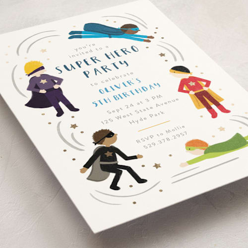 This is a cloud kids birthday invitations with foil pressed by JeAnna Casper called superhero party printing on signature in standard
