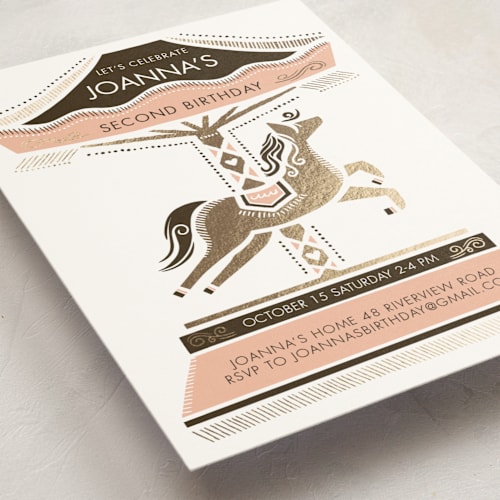 This is a creamsicle kids birthday invitations with foil pressed by Vivian Yiwing called carousel printing on signature in standard