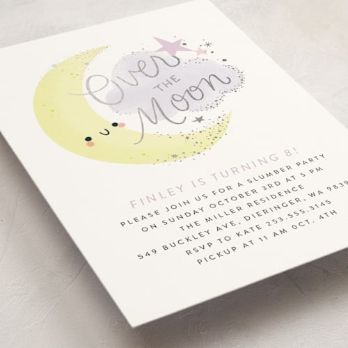 This is a lavender kids birthday invitations with foil pressed by Itsy Belle Studio called over the moon printing on signature in standard