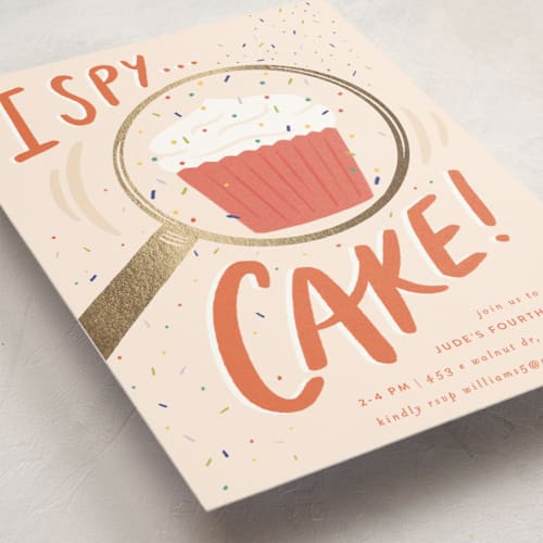 This is a cream kids birthday invitations with foil pressed by Shiny Penny Studio called i spy cake! printing on signature in standard