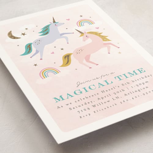 This is a cotton candy kids birthday invitations with foil pressed by Karidy Walker called magical unicorns printing on signature in standard