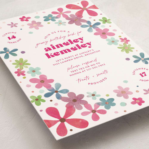 This is a magic magenta kids birthday invitations with foil pressed by Ashley DeMeyere called groovy bash printing on signature in standard