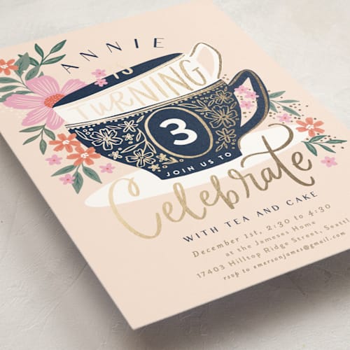 This is a vanilla kids birthday invitations with foil pressed by Alethea and Ruth called tea party cups printing on signature in standard