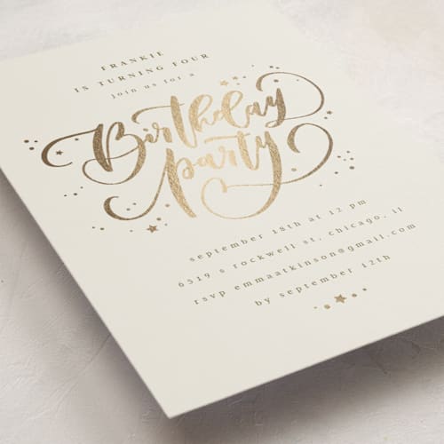 This is a pudding kids birthday invitations with foil pressed by Anastasia Makarova called birthday swirls printing on signature in standard