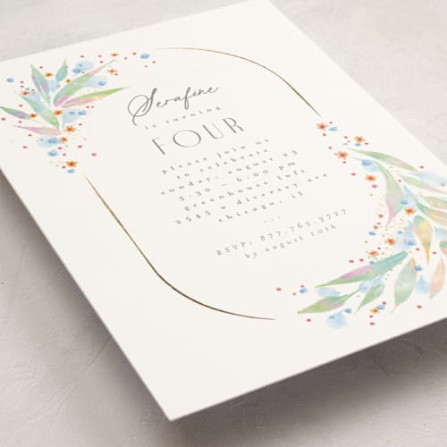 This is a mint kids birthday invitations with foil pressed by Anastasia Makarova called fairy frame printing on signature in standard