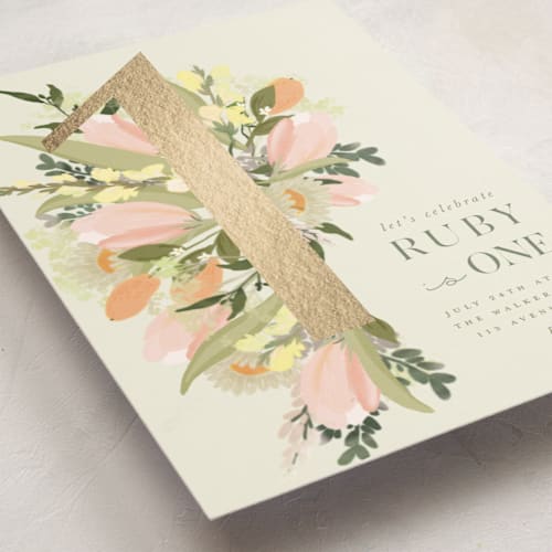 This is a sherbert kids birthday invitations with foil pressed by Grace Kreinbrink called shimmering floral one printing on signature in standard