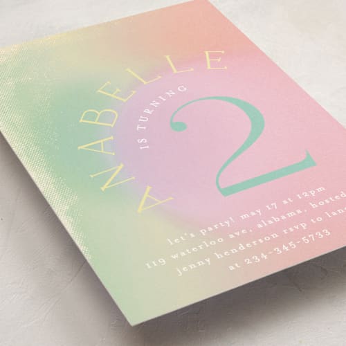 This is a cotton candy kids birthday invitations with foil pressed by Phrosné Barwood called unicorns printing on signature in standard
