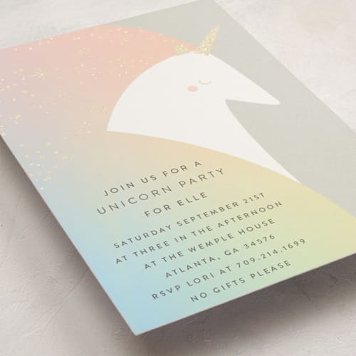 This is a blush kids birthday invitations with foil pressed by Lori Wemple called unicorn printing on signature in standard