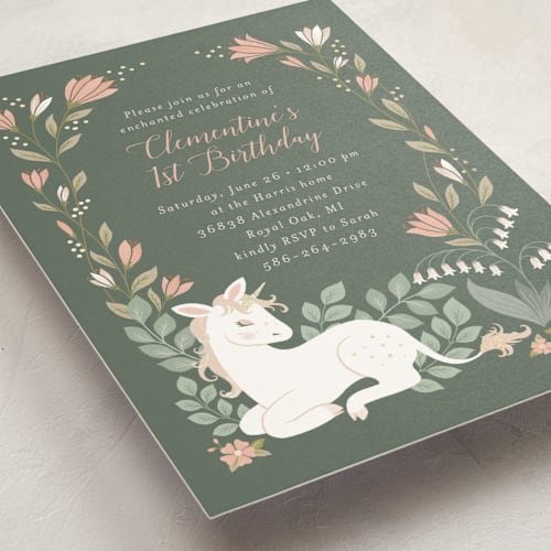 This is a grove kids birthday invitations with foil pressed by Jamie Alexander called enchanted printing on signature in standard