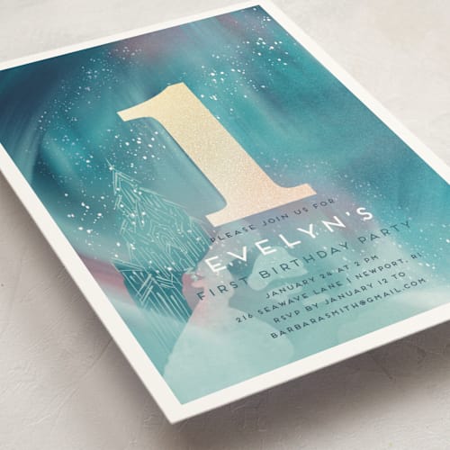 This is a alexandrite kids birthday invitations with foil pressed by Tamara Hilje called magical winter printing on signature in standard