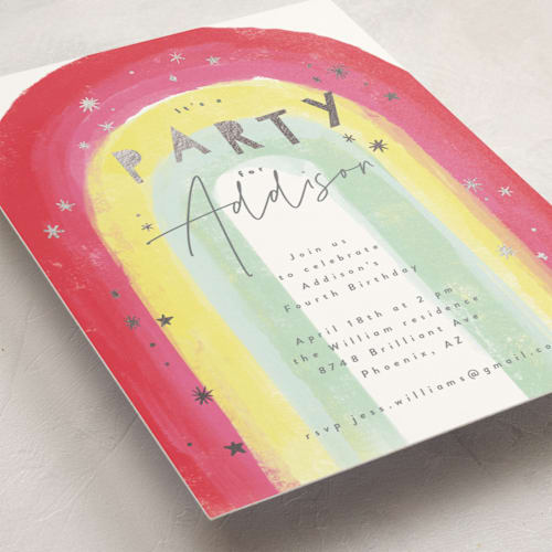 This is a fruit punch kids birthday invitations with foil pressed by Rebecca Durflinger called sparkling rainbow printing on signature in standard