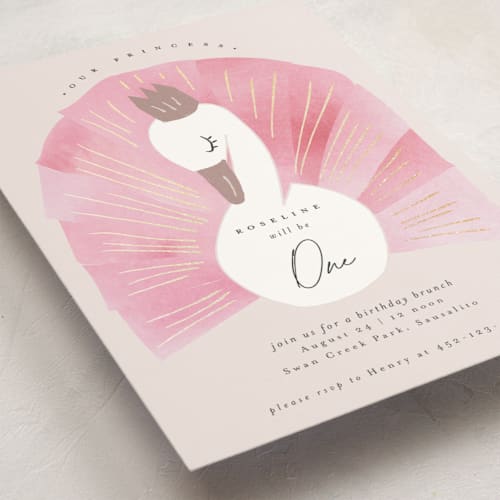 This is a candy kids birthday invitations with foil pressed by Kanika Mathur called our swan princess printing on signature in standard