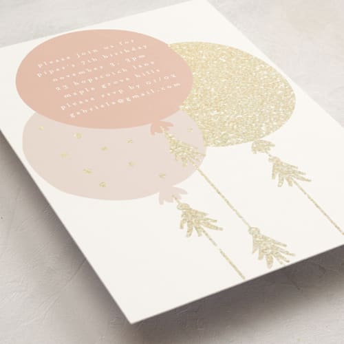 This is a blush kids birthday invitations with foil pressed by Angela Thompson called glitter balloons printing on signature in standard