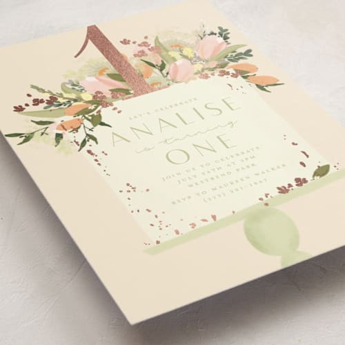 This is a peaches kids birthday invitations with foil pressed by Grace Kreinbrink called tulip topper printing on signature in standard