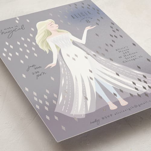 This is a moonstone kids birthday invitations with foil pressed by Dani Lugato called disney's elsa it’s magical printing on signature in standard