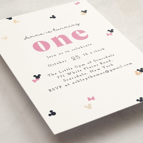 This is a peony kids birthday invitations with foil pressed by Annie Holmquist called disney's minnie mouse confetti printing on signature in standard