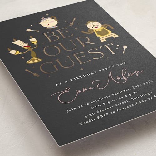 This is a midnight kids birthday invitations with foil pressed by Erica Krystek called disney's beauty and the beast be our guest printing on signature in standard