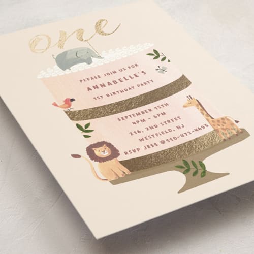 This is a cream kids birthday invitations with foil pressed by Teju Reval called safari cake printing on signature in standard