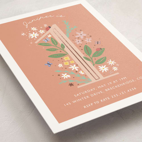 This is a peach kids birthday invitations with foil pressed by Hudson meet Rose called garden printing on signature in standard