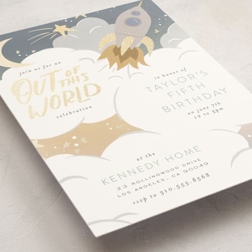 This is a lunar kids birthday invitations with foil pressed by Leah Bisch called out of this world printing on signature in standard