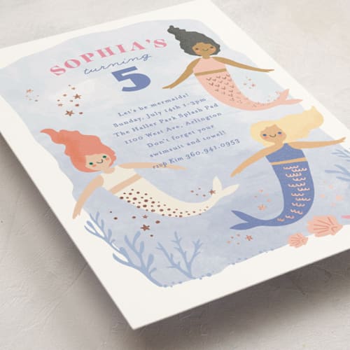 This is a lake kids birthday invitations with foil pressed by Karidy Walker called lets be mermaid printing on signature in standard