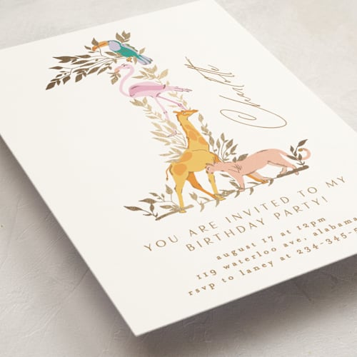 This is a caramel kids birthday invitations with foil pressed by Phrosné Barwood called one safari printing on signature in standard