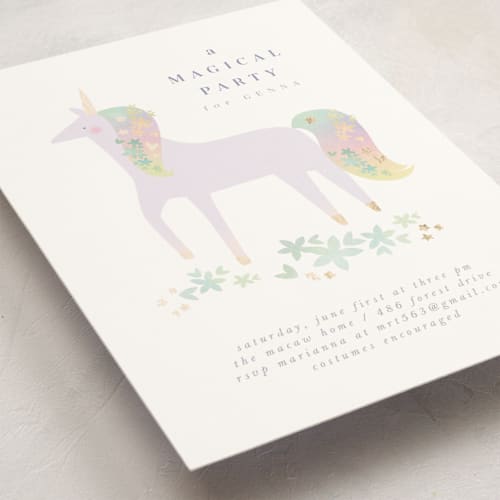 This is a plum kids birthday invitations with foil pressed by Lori Wemple called magical printing on signature in standard