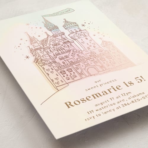 This is a carnation kids birthday invitations with foil pressed by Phrosné Barwood called princess fairytale castle printing on signature in standard