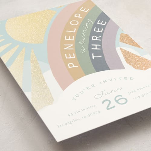 This is a sherbet kids birthday invitations with foil pressed by Leah Bisch called over the rainbow printing on signature in standard
