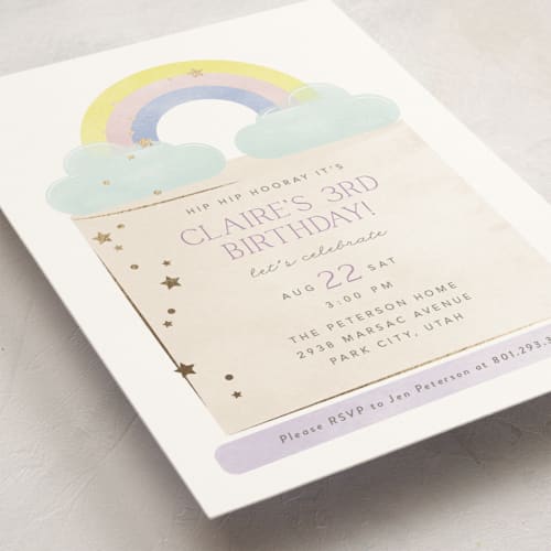 This is a marshmallow kids birthday invitations with foil pressed by Robert and Stella called in the clouds printing on signature in standard