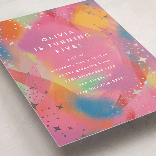 This is a candy kids birthday invitations with foil pressed by Katie Zimpel called galaxy rainbow printing on signature in standard