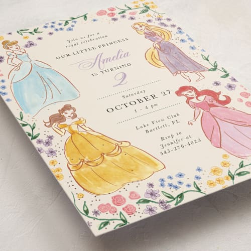 This is a buttercream kids birthday invitations with foil pressed by Cass Loh called disney princess garden party printing on signature in standard