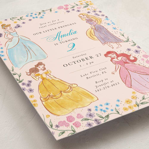 This is a coral kids birthday invitations with foil pressed by Cass Loh called disney princess garden party printing on signature in standard
