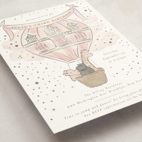This is a cotton kids birthday invitations with foil pressed by Jenna Holcomb called storybook safari printing on signature in standard
