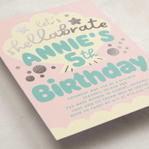 This is a candy kids birthday invitations with foil pressed by Baumbirdy called shelly printing on signature in standard
