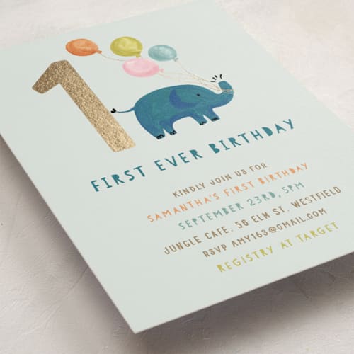 This is a mint kids birthday invitations with foil pressed by Teju Reval called first ever birthday printing on signature in standard