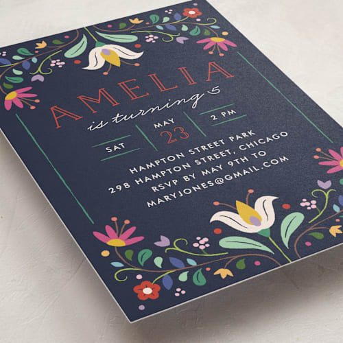 This is a navy kids birthday invitations with standard by Amber Barkley called folk florals printing on signature in standard