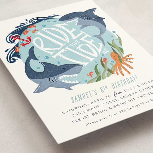 This is a pool kids birthday invitations with standard by Joanna Griffin called ride the tide printing on signature in standard