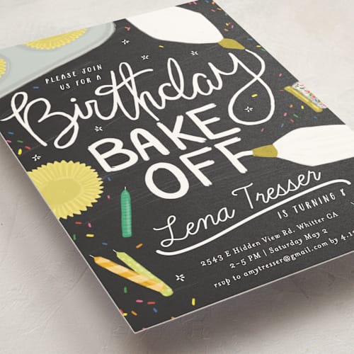 This is a chalkboard kids birthday invitations with standard by Shiny Penny Studio called birthday bake off printing on signature in standard