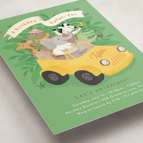 This is a grasshopper kids birthday invitations with standard by Jennifer Wick called birthday safari printing on signature in standard