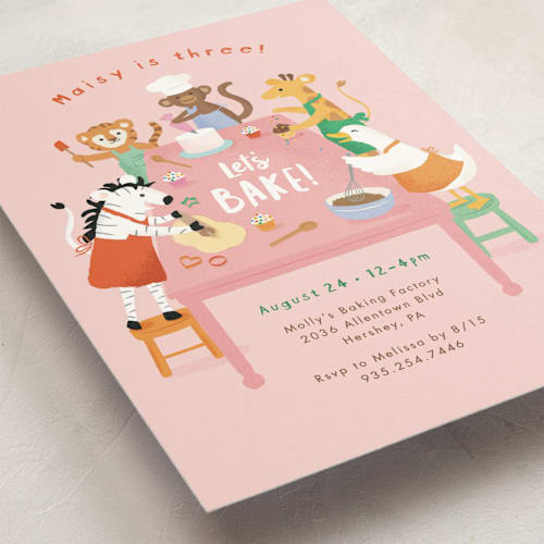 This is a berry kids birthday invitations with standard by Jennifer Wick called let's bake! printing on signature in standard