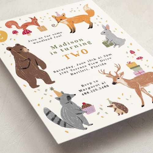 This is a icing kids birthday invitations with standard by Cass Loh called woodland party animals printing on signature in standard