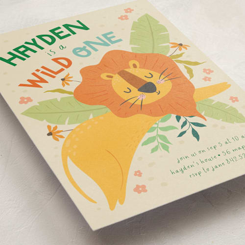 This is a sand kids birthday invitations with standard by Vera Lim called wild lion printing on signature in standard
