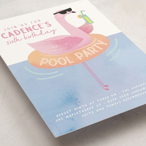 This is a peach kids birthday invitations with standard by Lori Wemple called flamingo printing on signature in standard
