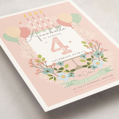 This is a cotton candy kids birthday invitations with standard by Peony Rose Design called make a wish! printing on signature in standard