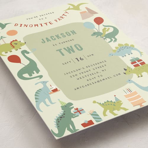 This is a forest kids birthday invitations with standard by Teju Reval called dino party printing on signature in standard