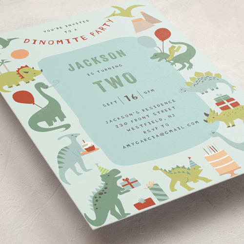 This is a sea kids birthday invitations with standard by Teju Reval called dino party printing on signature in standard