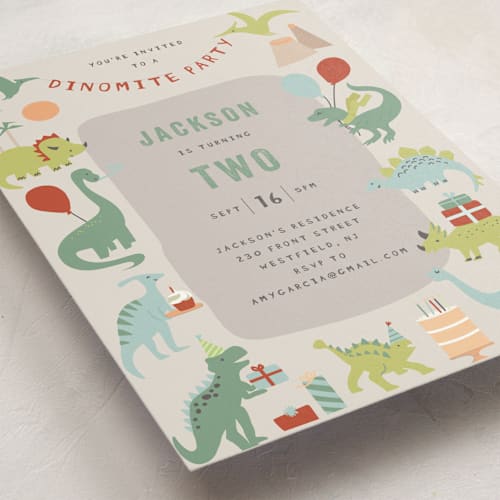 This is a mud kids birthday invitations with standard by Teju Reval called dino party printing on signature in standard