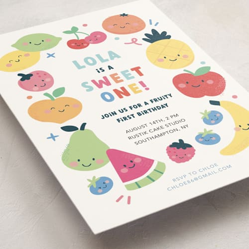 This is a fruit punch kids birthday invitations with standard by peetie design called fruit salad printing on signature in standard