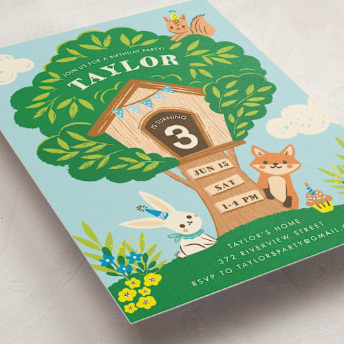 This is a sky kids birthday invitations with standard by Vivian Yiwing called woodland birthday printing on signature in standard